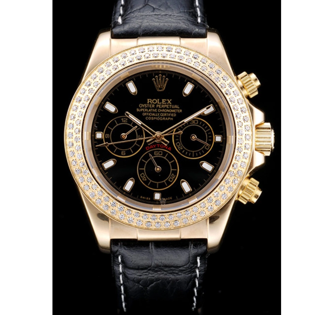 Good copy rolex watches Gold Black Bezel Case Dial Studded Rolex Crystal Daytona 0712